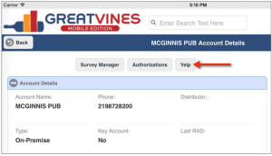 MCGINNIS Pub account details example Greatvines mobile edition Screenshot