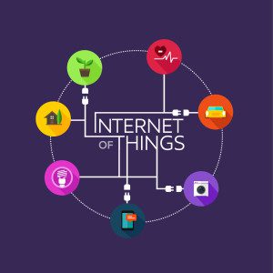 Internet of Things with it's different components on a purple background