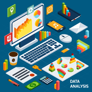 Isometric data analysis business icons set with laptop and office stationery vector illustration