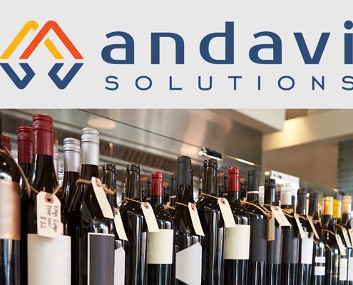 Andavi solutions banner at top with wine bottles on shelf below