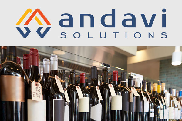 Andavi solutions banner at top with wine bottles on shelf below