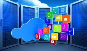 Cloud with Many app logos coming out, background is Server Databases in front of sky