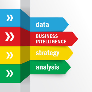 Data, Business Intelligence, Strategy, and Analysis as Arrows going the same way(right)