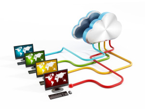 Cloud connecting to different computers using different colored wires