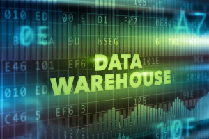 Data Warehouse(all caps green text) in front of Data and histogram behind