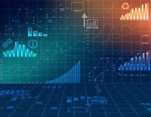 data and graphs varying on blue graph line floor/wall