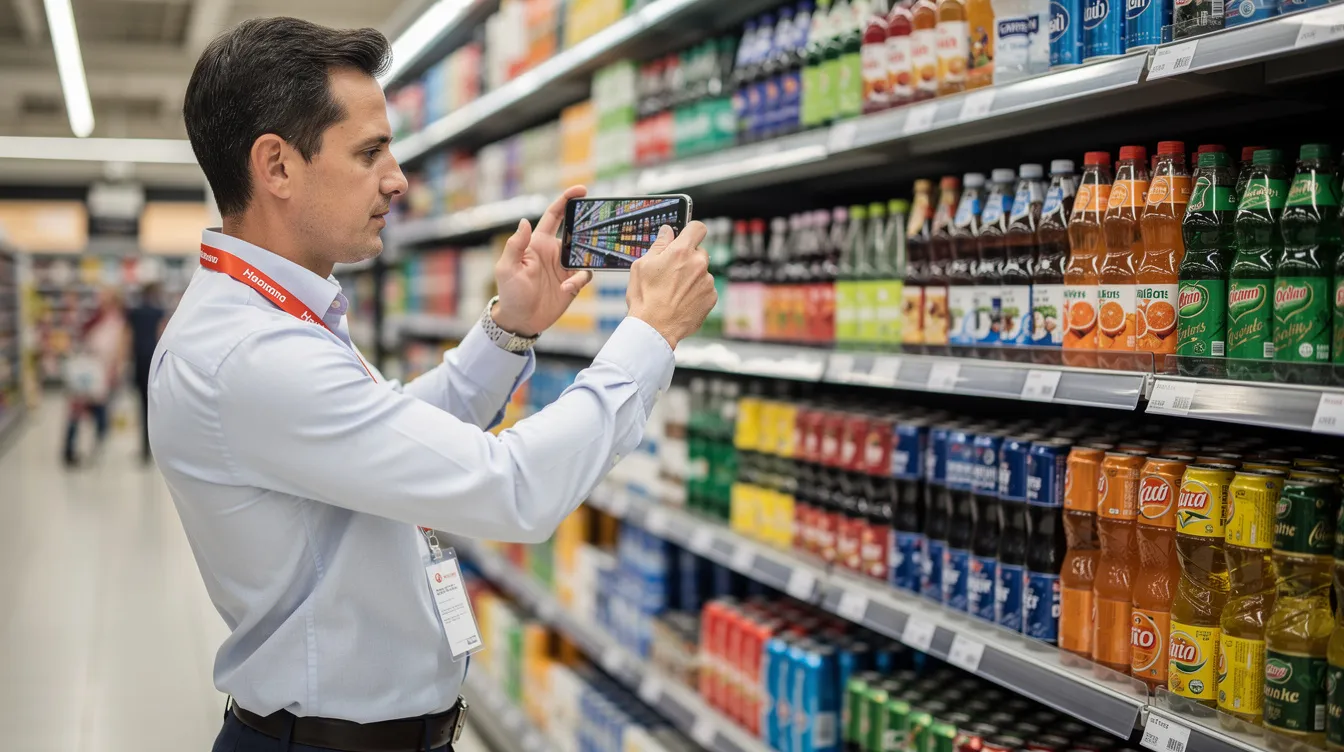 A sales representative is capturing a photo of beverage shelves with a smartphone, focusing on the product placement and shelf layouts to ensure planogram compliance. This action supports effective retail execution and helps monitor on-shelf availability, contributing to improved customer satisfaction and sales performance.