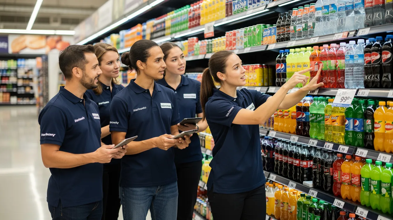 A small group of retail and sales employees is gathered around beverage shelves, discussing product placement and ensuring compliance with planogram guidelines. They are focused on maintaining planogram compliance to enhance customer satisfaction and maximize sales in the store.