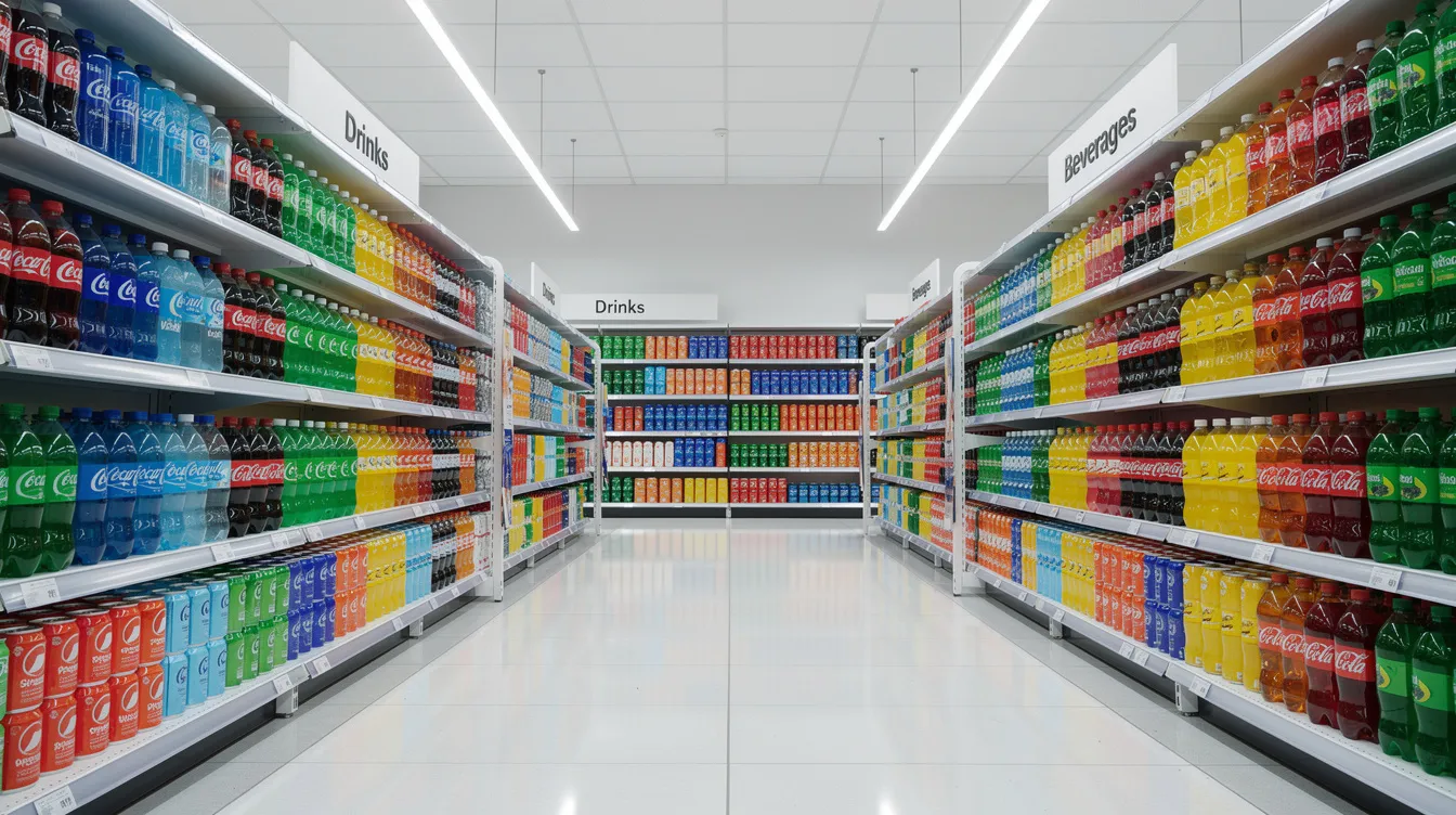 The image depicts a well-organized beverage aisle in a modern retail store, showcasing neatly arranged bottles and cans on store shelves. This effective planogram compliance ensures a consistent shopping experience for customers, maximizing product visibility and encouraging impulse purchases.